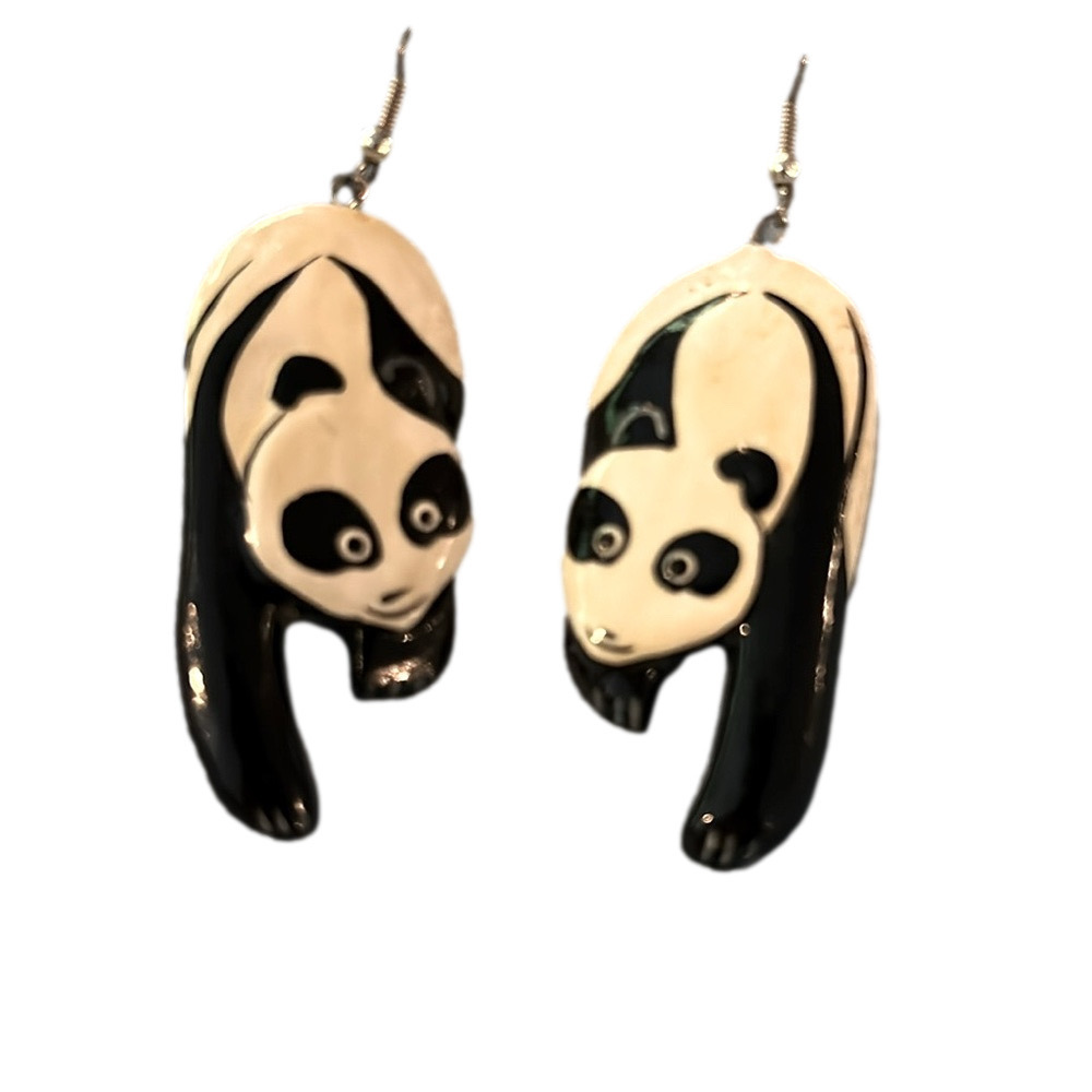 Panda Earrings Painted Wood Pierced Super Cute Lightweight Vintage 1970s